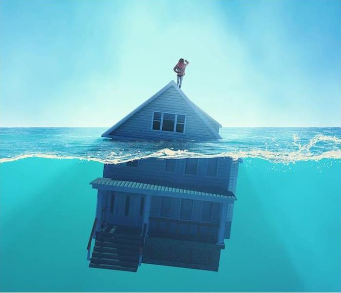 a person standing on roof in submerged body of water